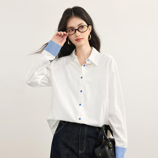 【周末秒杀】熙世界miu系天丝棉长袖衬衫女2025秋季新款条纹翻袖气质宽松衬衣 商品图3