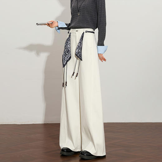 复古时髦丝巾腰带阔腿裤女秋季通勤百搭高腰显瘦直筒裤牛仔裤H0051271 商品图4