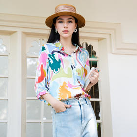 谜底花色衬衫七分袖女2025秋新款复古抽象印花天丝衬衣257MC7867