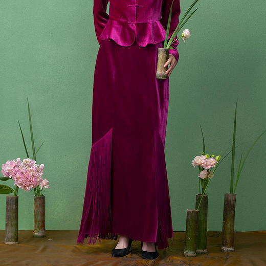 【林栖设计小店】姹紫嫣红流苏丝绒半身裙新中式2025秋季新款裙子女1953101 商品图0