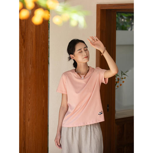 牧衣游原创 纯棉手工刺绣T恤百搭休闲简约宽松圆领短袖 随性时光 商品图1