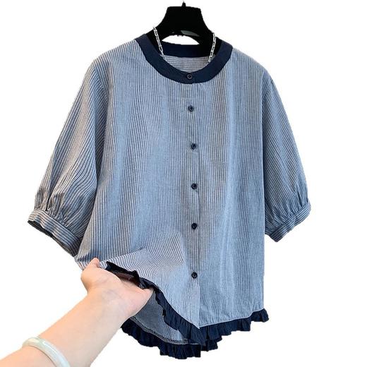 GYH 7358减龄木耳边撞色条纹短袖衬衫法式气质小衫 商品图4