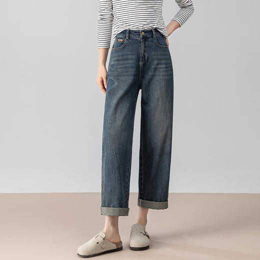 百媚生 哈伦镰刀牛仔裤女小个子高腰挺括九分阔腿裤5304 商品图2