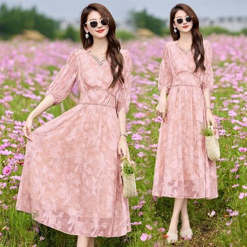 HR SNX3001气质领型中袖袖口穿着轻薄透气高腰显瘦连衣裙 商品图3