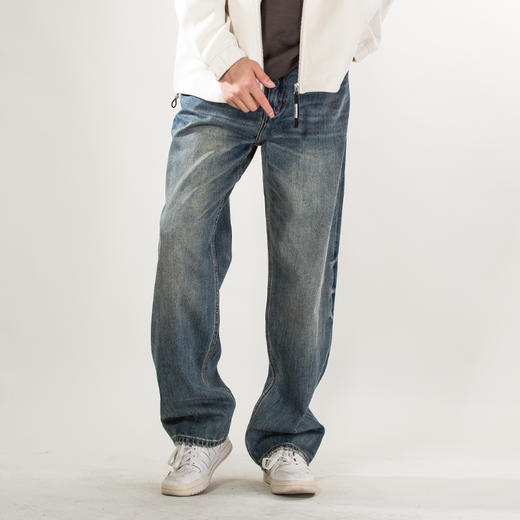 DRONKOO 2025 正常腰复古钉扣复古洗水中厚牛仔长裤 商品图1