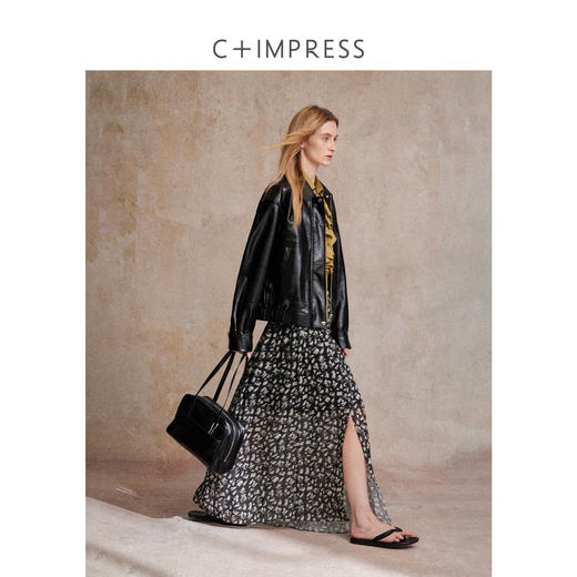 C+IMPRESS/西嘉黑色皮衣外套女25秋季复古老钱风油蜡皮PU皮夹克WT2503006 商品图3