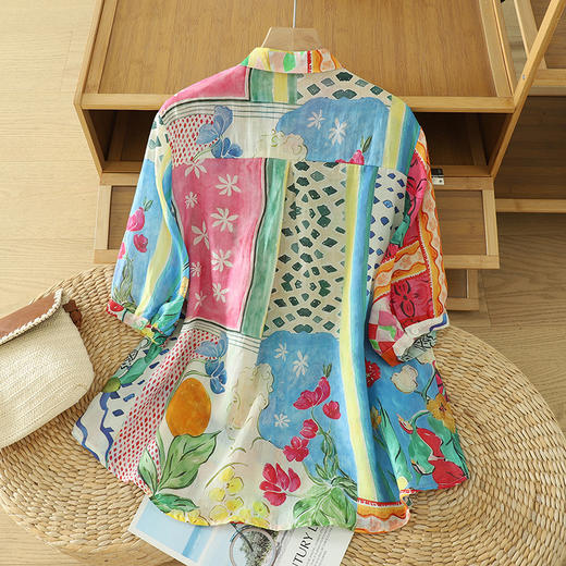雀说度假风透气上衣女宽松高品质印花短袖衬衫AL6279 商品图1