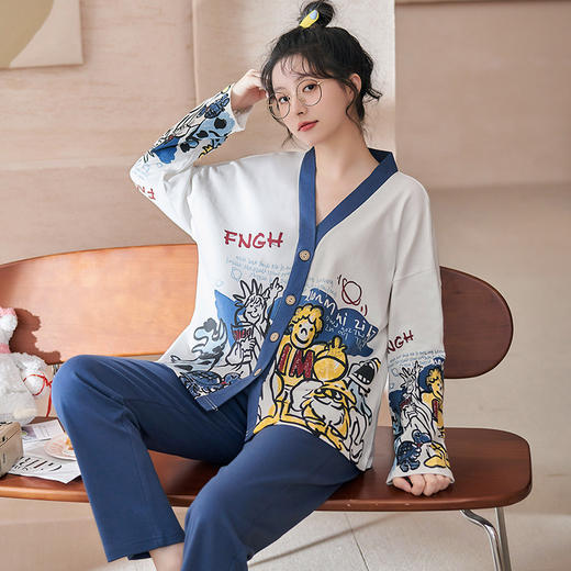 雀说 开衫时尚睡衣女长袖长裤纯棉春秋款家居服 商品图12