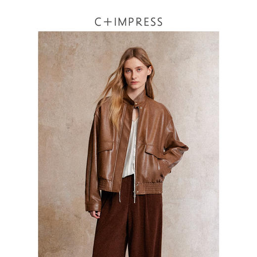 C+IMPRESS/西嘉|环保油蜡皮 立领棕色皮衣复古宽松廓形皮夹克外套WT2503012 商品图1