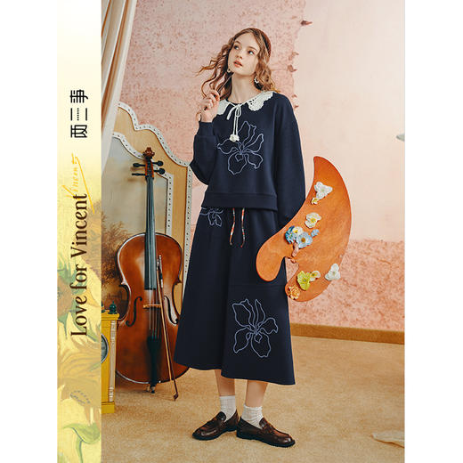两三事梵高文艺琴房花语2025秋新款可拆领绣花上衣半身裙两件套女 商品图0