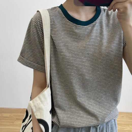 百媚生条纹拼色短袖t恤女纯棉打底衫8118 商品图1