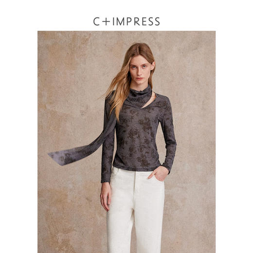 C+IMPRESS/西嘉晕染玫瑰印花长袖T恤女飘带围巾领修身显瘦上衣秋T2503066 商品图0