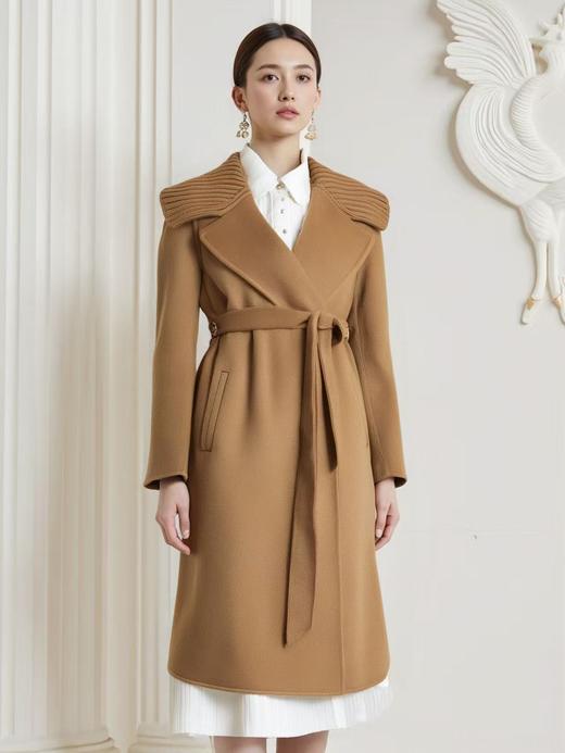 【高端系列】手工定制7365拼针织领100%羊毛系带气质双面尼大衣-喜出 商品图0