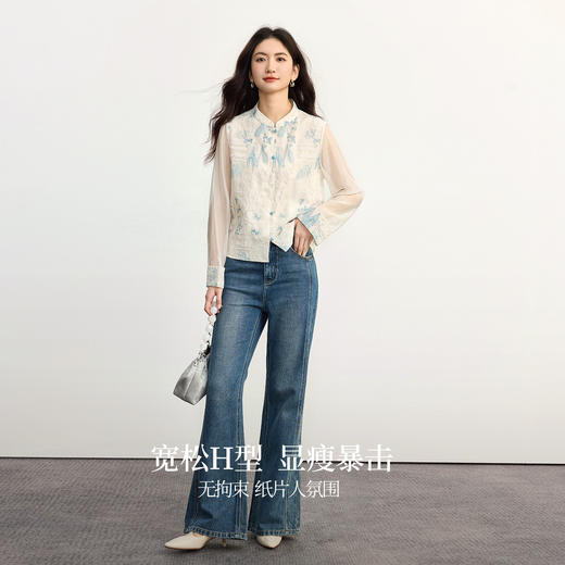 【年货节】熙世界国风刺绣立领短外套女早秋25年新款网纱长袖拼接新中式衬衫 商品图3