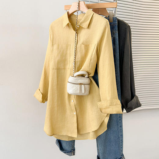 2025初秋纯亚麻长袖翻领衬衫文艺宽松大贴袋中长款上衣棉麻薄外套 商品图1