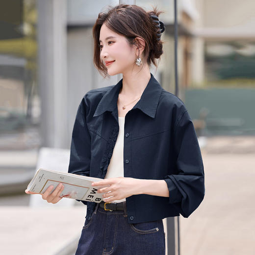 早秋衬衫女小个子短款上衣2025新款外搭洋气薄款翻领花边衬衣女 商品图3