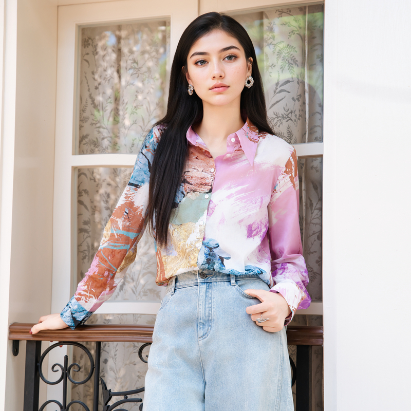 谜底花色衬衫长袖女2025秋季新款复古印花纯棉亲肤衬衣257MC7851