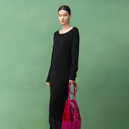 【林栖设计小店】毛织连衣裙优雅流苏2025秋季新款针织长裙女1953106 商品图1