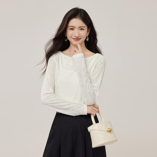 【08/19新品】熙世界蝴蝶提花蕾丝衫女长袖2025早秋新款优雅气质一字领T恤上衣 商品图3