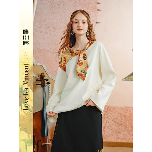 两三事梵高文艺葵野梵声2025秋新款小清新印花绑带拼接长袖t恤女 商品图0