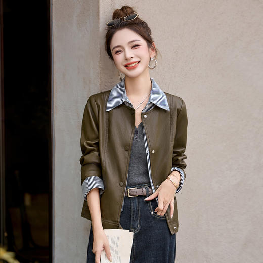 假两件皮衣外套女2025秋季新款设计感拼接气质条纹皮夹克上衣 商品图0