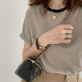 百媚生条纹拼色短袖t恤女纯棉打底衫8118