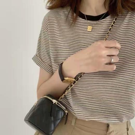 百媚生条纹拼色短袖t恤女纯棉打底衫8118 商品图0