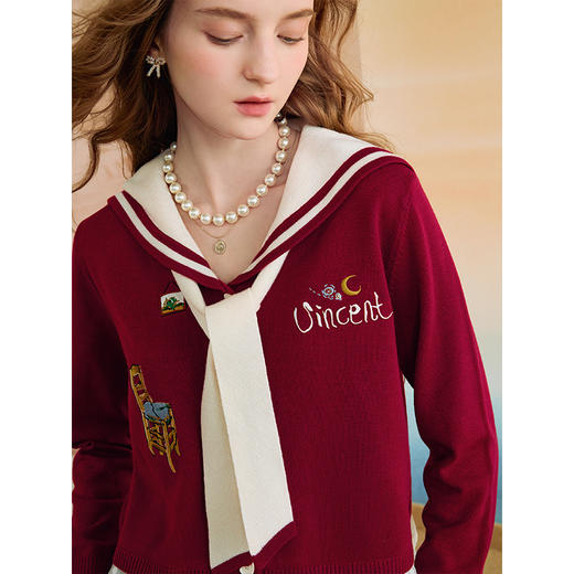 两三事梵高文艺 白襟颂歌 2025秋季新款绑带海军领刺绣针织开衫女 商品图2