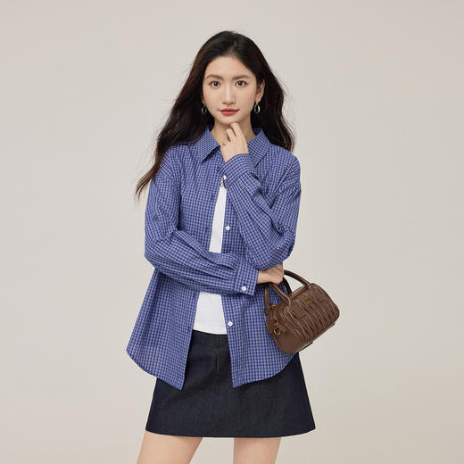 【08/19新品】熙世界复古蓝色格子衬衫女长袖2025秋季新款百搭宽松气质衬衣外套 商品图4