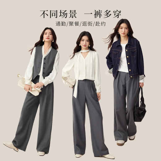 【08/19新品】熙世界灰色西装裤女春秋2025新款通勤宽松直筒西裤休闲阔腿长裤子 商品图1