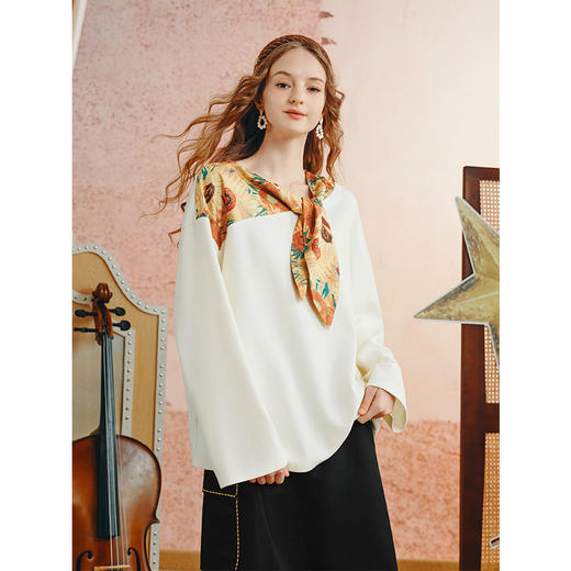 两三事梵高文艺葵野梵声2025秋新款小清新印花绑带拼接长袖t恤女 商品图3