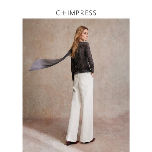 C+IMPRESS/西嘉晕染玫瑰印花长袖T恤女飘带围巾领修身显瘦上衣秋T2503066 商品图3