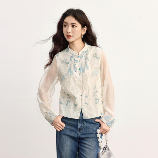 【年货节】熙世界国风刺绣立领短外套女早秋25年新款网纱长袖拼接新中式衬衫 商品图4