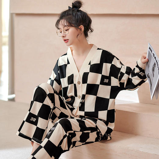 雀说 开衫时尚睡衣女长袖长裤纯棉春秋款家居服 商品图0