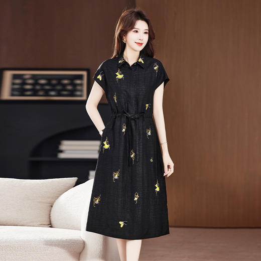 丁摩 真新款丝龟纹老料香云纱女夏季改良桑蚕丝国风气质方领连衣裙5ZF-6080 商品图0