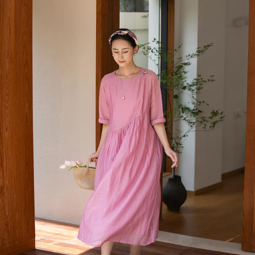 牧衣游原创 匹绣炒色丝绵连衣裙女新款轻薄减龄宽松粉色长裙 漫夏 商品图0