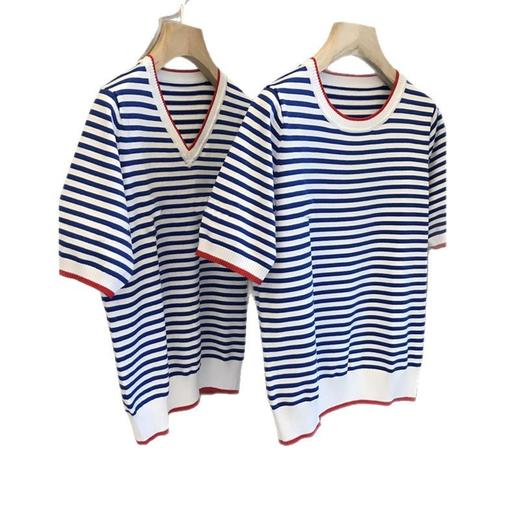 丁摩 这款Y定要入！薄款条纹宽松圆领V领针织衫短袖T恤女夏季5ZF-1253 商品图4