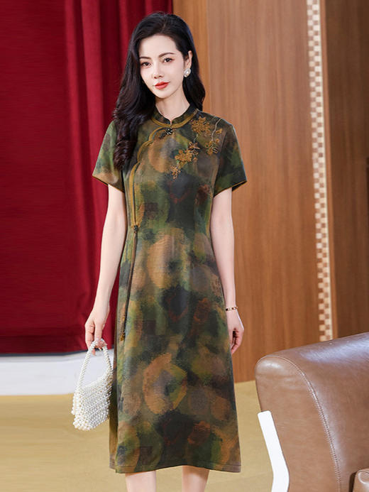 丁摩 花罗真丝香云纱连衣裙女夏季高端桑蚕丝喜庆气质国风妈妈裙子5ZF-2912 商品图6