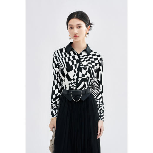 米思阳2026春季高级感优雅撞色几何印花衬衫极简宽松直筒上衣女4296 商品图1