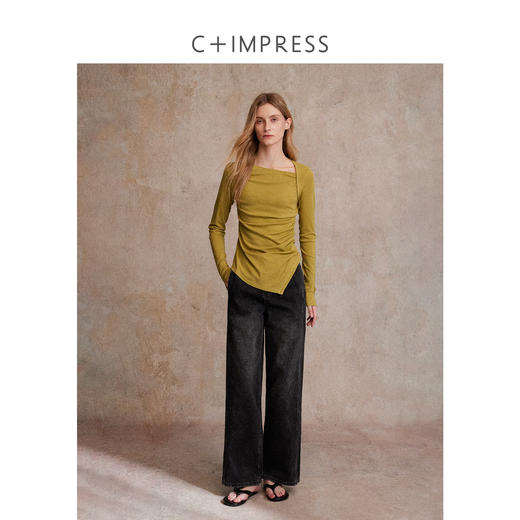 C+IMPRESS/西嘉天丝羊毛 长袖T恤女秋不对称斜领打褶收腰针织上衣T2503050 商品图3