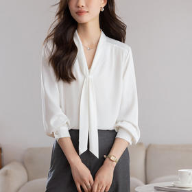 KQL 617T8332法式V领白衬衫长袖设计感飘带上衣衬衣