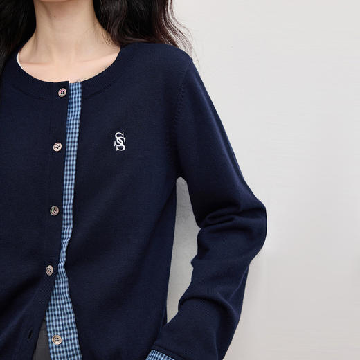 【周末秒杀】熙世界学院风复古格纹拼接针织衫女2025秋季新款羊毛长袖开衫上衣 商品图3