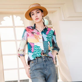 谜底花色衬衫七分袖女2025秋新款复古印花柔软亲肤衬衣257MC7850