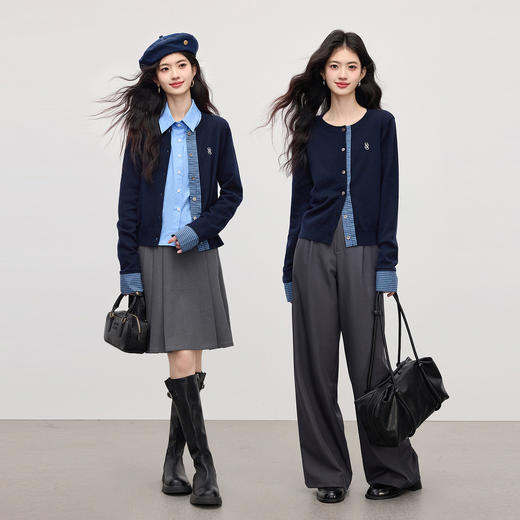 【周末秒杀】熙世界学院风复古格纹拼接针织衫女2025秋季新款羊毛长袖开衫上衣 商品图4