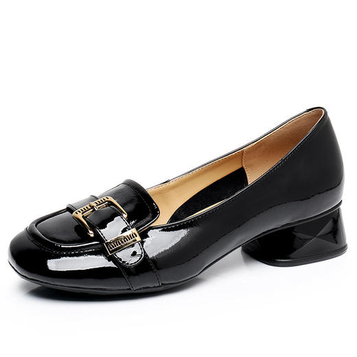 丁摩 漆皮牛皮方头粗跟英伦风皮鞋女春秋款豆豆鞋真皮乐福鞋单鞋5ZF-2370 商品图6