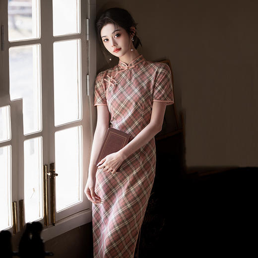 SC21874温柔风粉色格子旗袍2025春夏新款修身显瘦改良少女中式连衣裙女装 商品图3