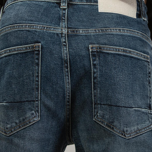 DRONKOO 2025 正常腰后袋压褶蓝色绣线中厚牛仔长裤 商品图4