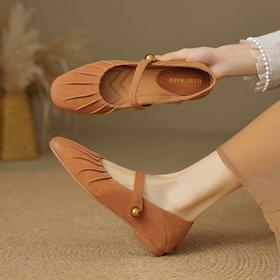 【预售5天】法式磨砂羊皮褶皱平底单鞋，圆头浅口小皮鞋一字带玛丽珍鞋OFSM&OFSM6927