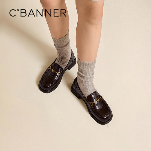 千百度真皮中跟乐福鞋女款通勤小皮鞋复古深口单鞋A25450208 商品图0