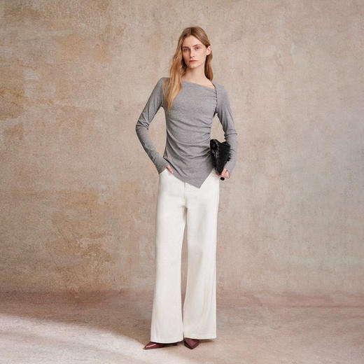 C+IMPRESS/西嘉天丝羊毛 长袖T恤女秋不对称斜领打褶收腰针织上衣T2503050 商品图2